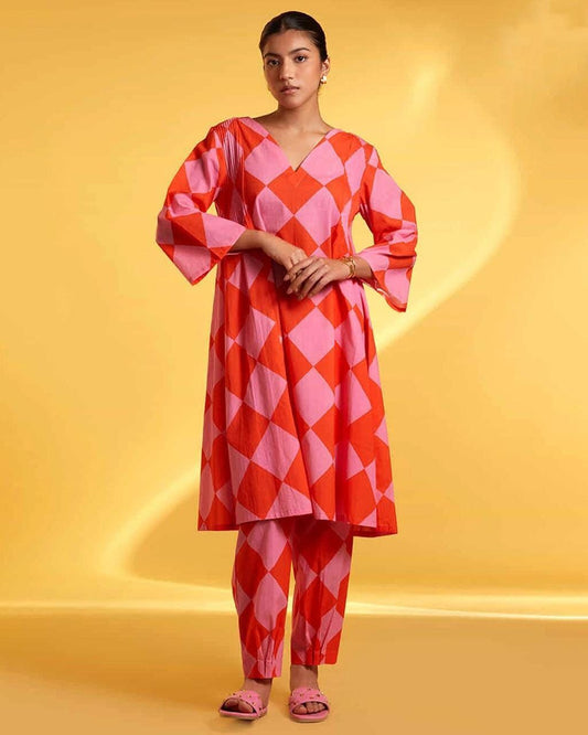 Red Pink Printed Cotton A-Line Kurta with Pants Set