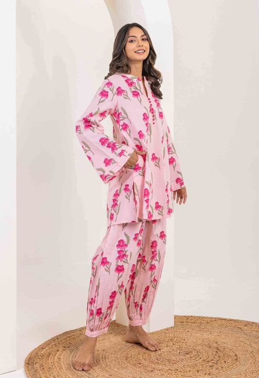 Pink Printed Cotton A-Line Kurta with Pants Set