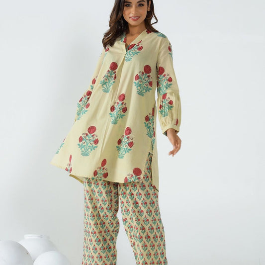 Beige Hand Block Printed Floral Co-ord Set